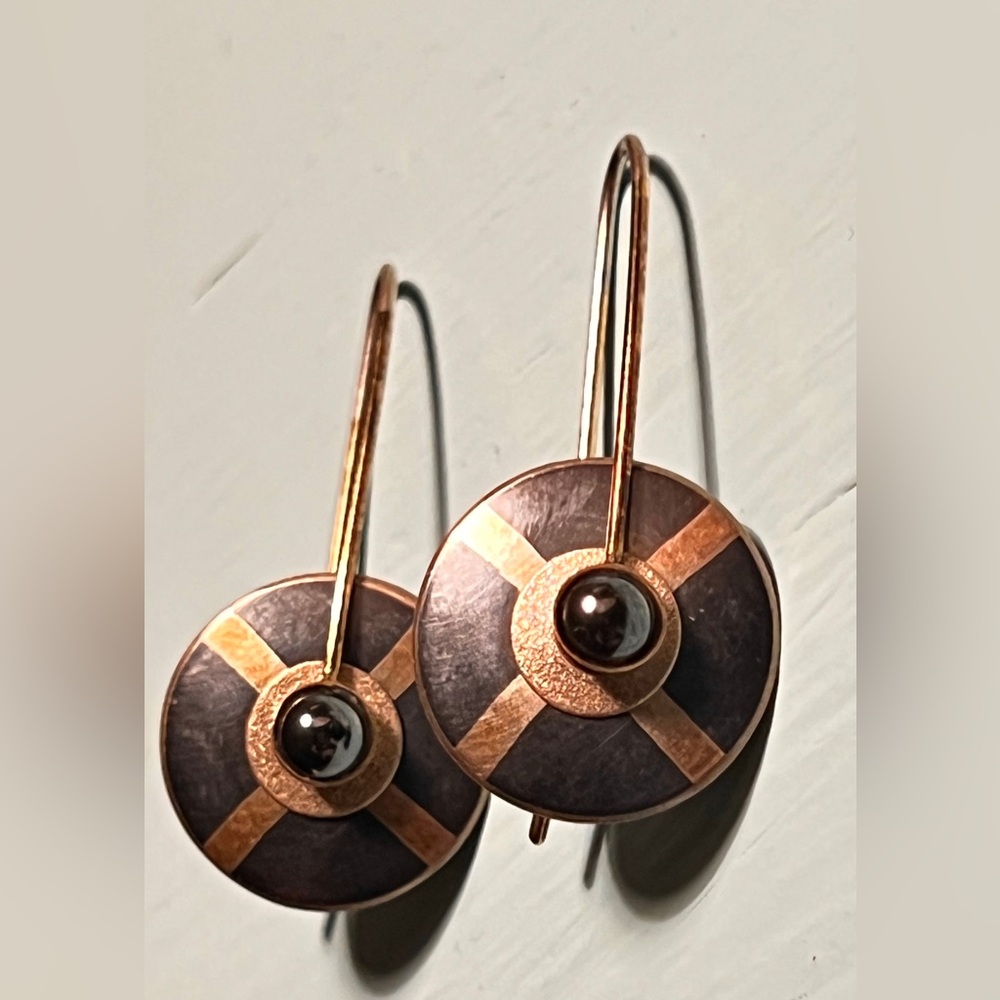 Vtg L&H Jewelry Sterling Silver & Brass Modernist Shield Drop Earrings
